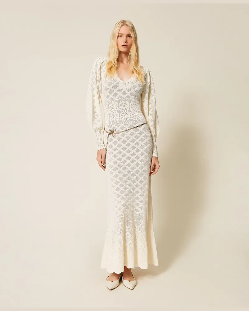 Twin-Set Kleider - Maxi-Strickkleid mit floralem Muster, Perlmutt, Größe Perlmutt