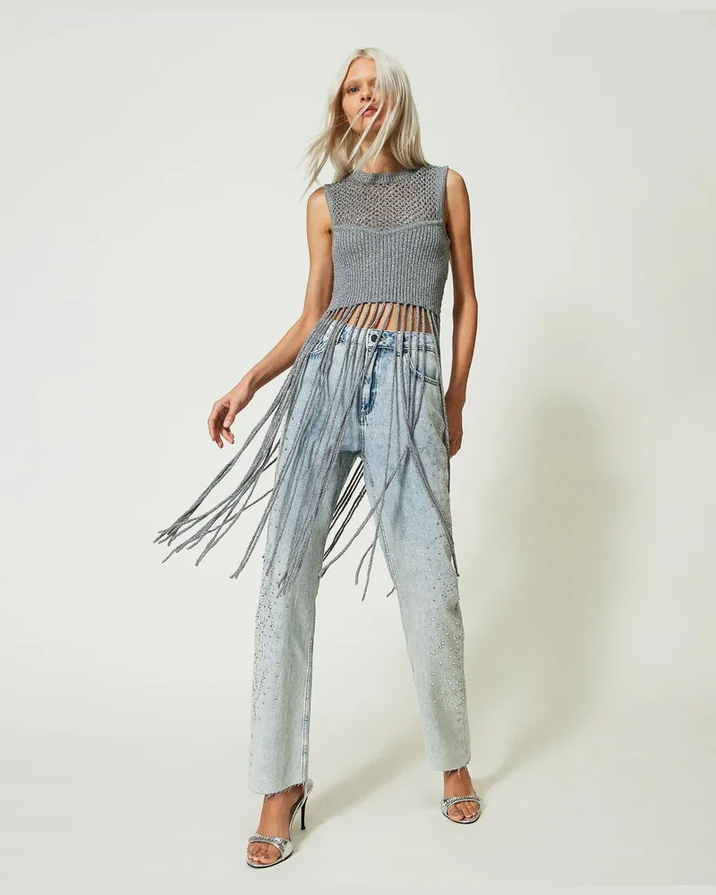 Actitude by Twinset Tops - Netztop aus Lurex mit Fransen, Silber, Größe: XS 