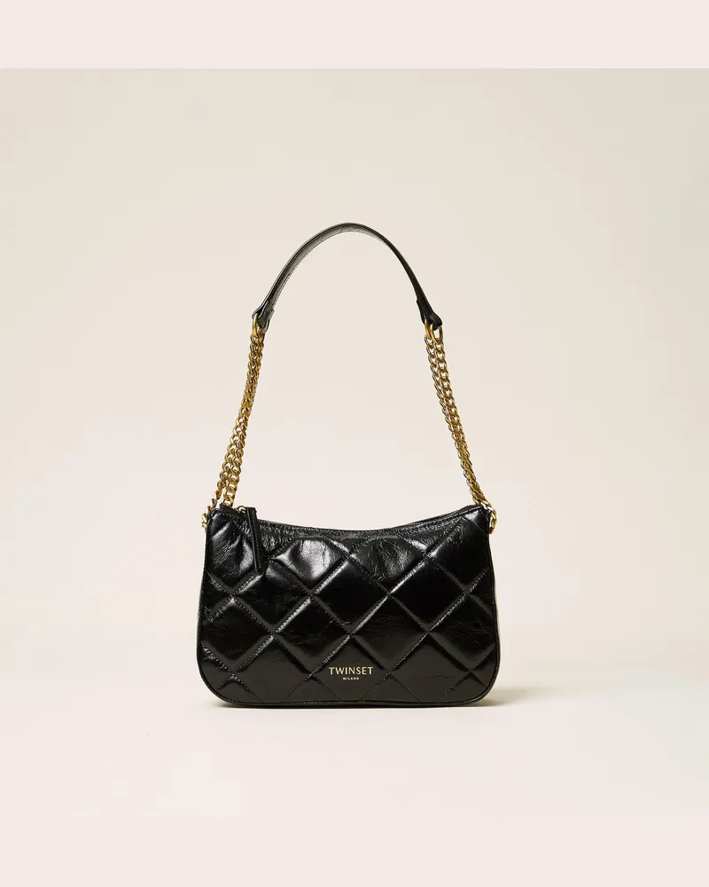 Twin-Set Mittelgroße Liliane Tasche aus gestepptem Leder, Damen, Schwarz Schwarz