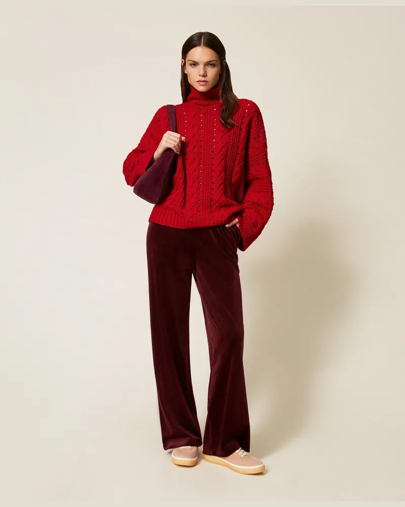 Twin-Set Hosen - Weite Hose aus Chenille, Red Wine, Größe Red