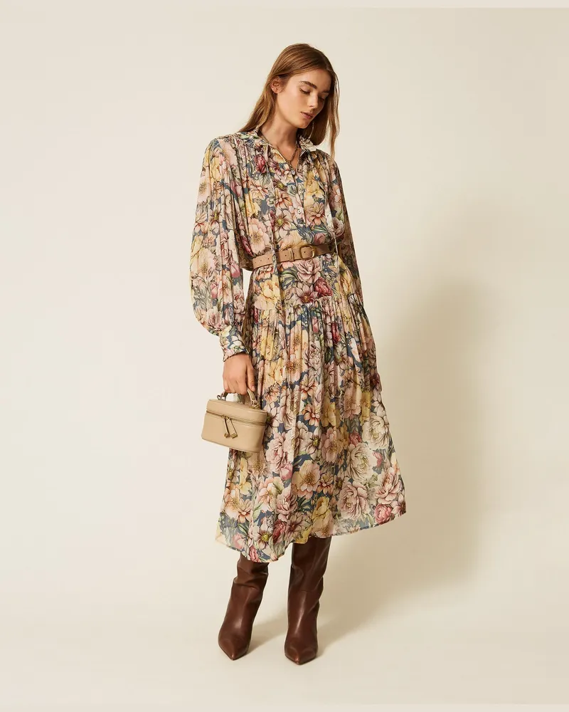 Twin-Set Maxikleid aus Krepon mit floralem Motiv, Damen, Flowers Indigoblau / Multicolor Flowers