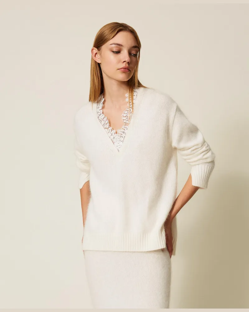 Twin-Set Pullover aus Angoramischung mit Spitze, Weiß Schnee, Größe Weiß