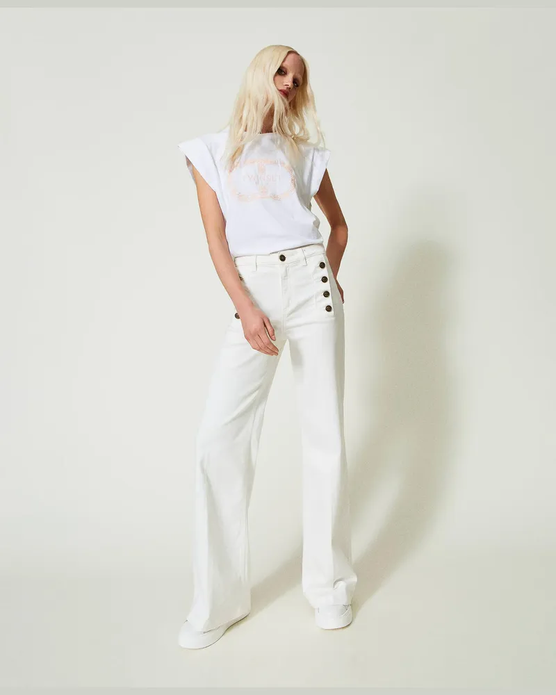 Twin-Set Weiße Flare-Jeans mit Zierknöpfen, Denim Weiß, Größe: 33 