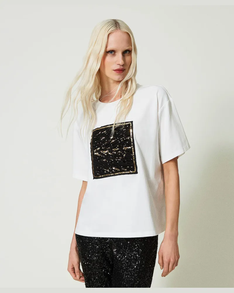 Twin-Set Bademode - T-Shirt im Regular-Fit mit Stickerei, Star White, Paillettes, Größe: L 