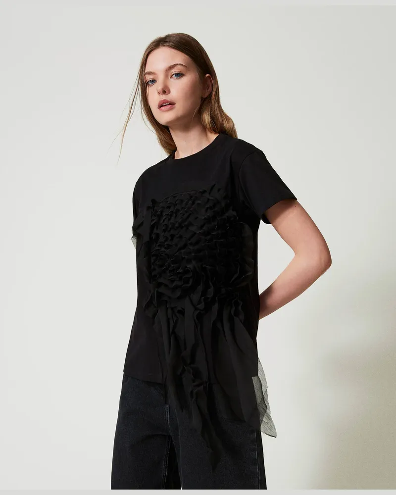 Actitude by Twinset T-Shirts - T-Shirt mit Kreponvolant, Schwarz, Baumwolle, Größe: XXS 