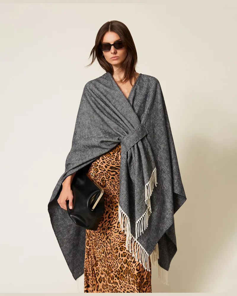 Twin-Set Jacken und Outerwear - Poncho aus Tuch mit Fransen, Klassisches Blau, Einheitsgröße Klassisches