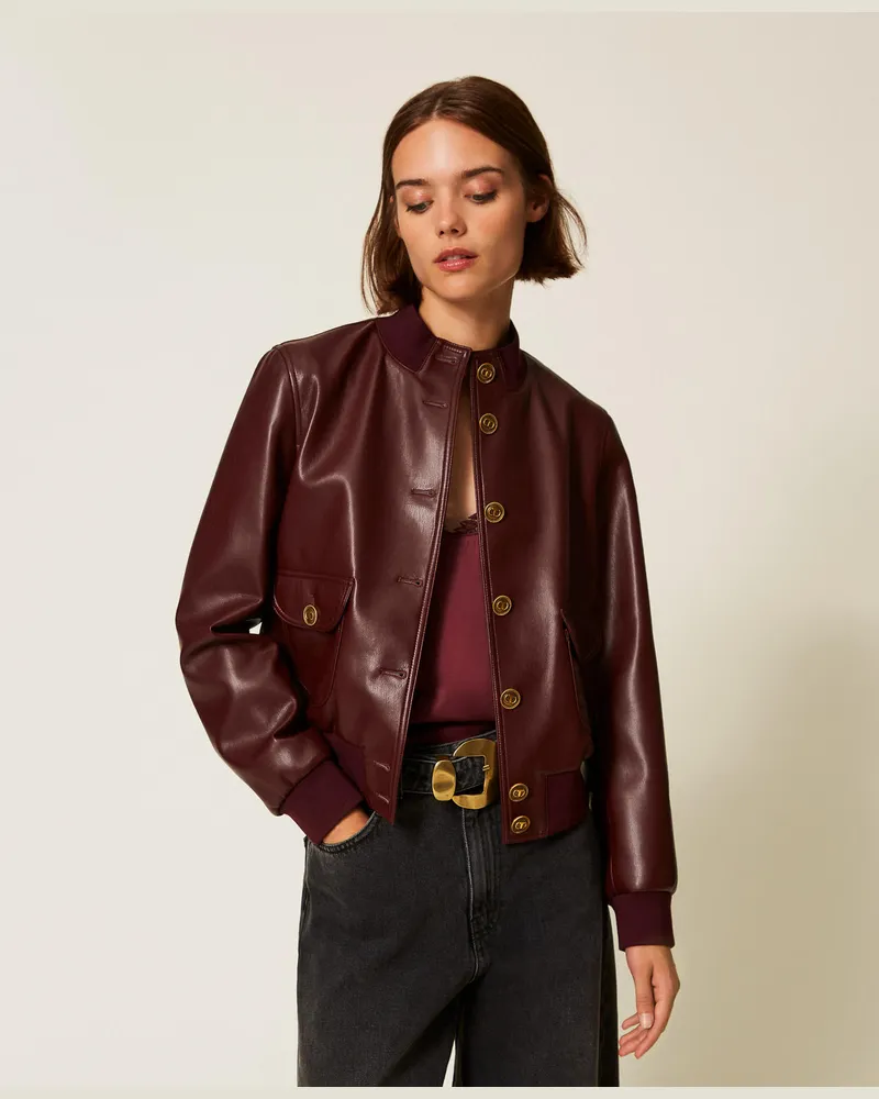 Twin-Set Jacken und Outerwear - Jacke aus Lederimitat mit Knöpfen, "Winetasting"-Violett, Lederoptik, Größe Winetasting-violett