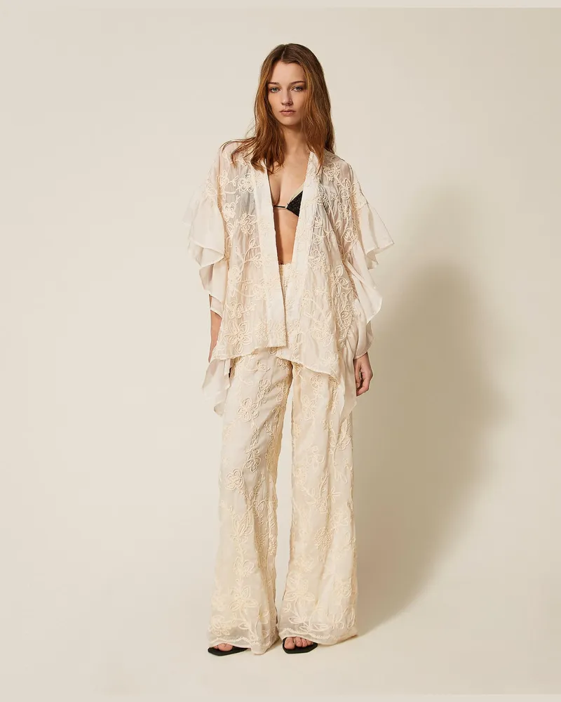 Twin-Set Bademode - Poncho mit Cornely-Stickerei, Weiß Pergament, Einheitsgröße Weiß