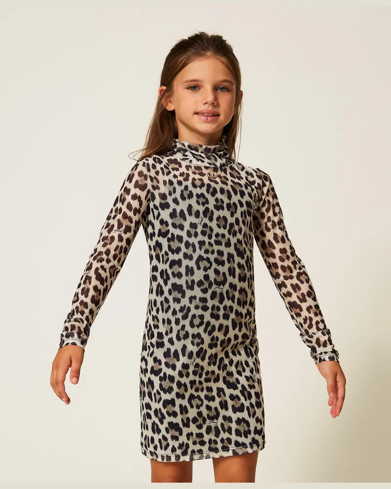 Twin-Set Kleider - Kurzes Kleid aus Animaltüll, Leopardenprint, Größe Leopardenprint