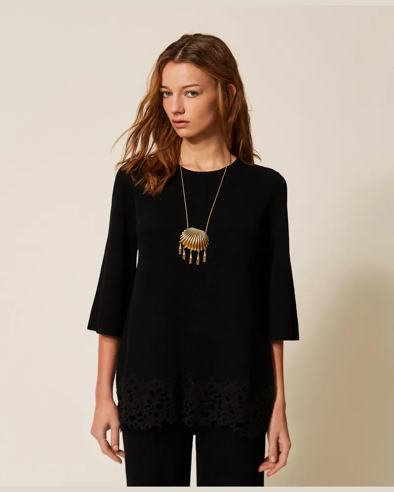 Twin-Set Bademode - Longpullover mit Spitze, Schwarz, Pizzo, Größe Schwarz