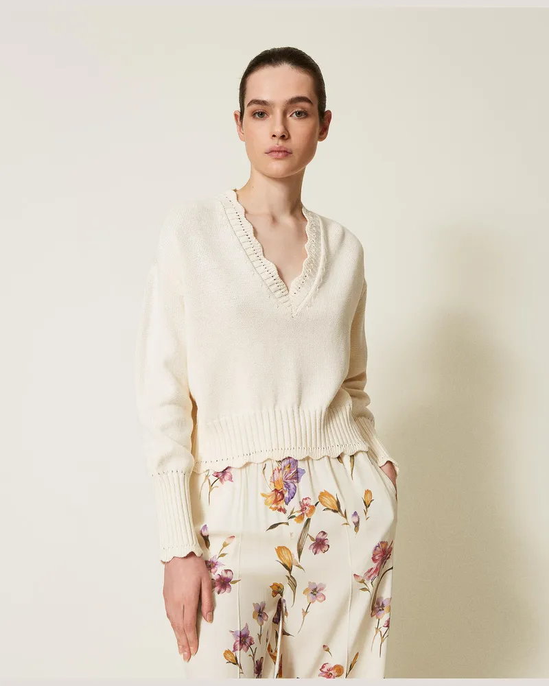 Twin-Set Pullover mit Bogenrändern, Perlmutt, Baumwolle, Größe: XXL 