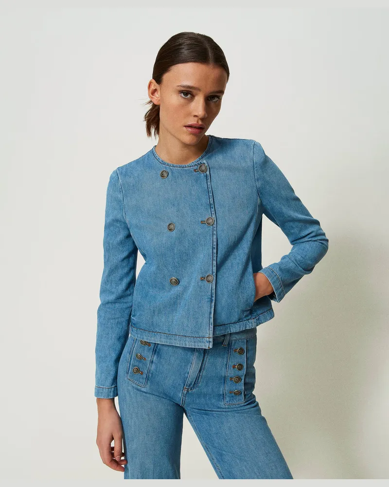 Twin-Set Jacken und Outerwear - Kragenlose Jeansjacke, Mittleres "Denimblau", Größe Mittleres
