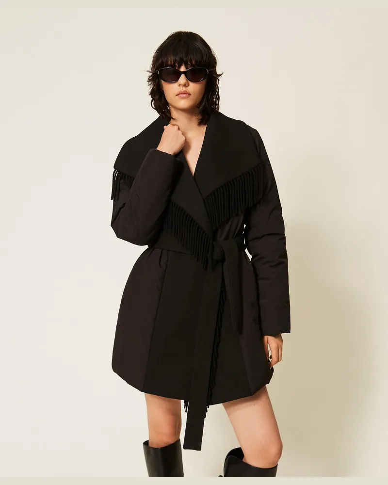 Twin-Set Wattierte Jacke mit Fransen Schwarz