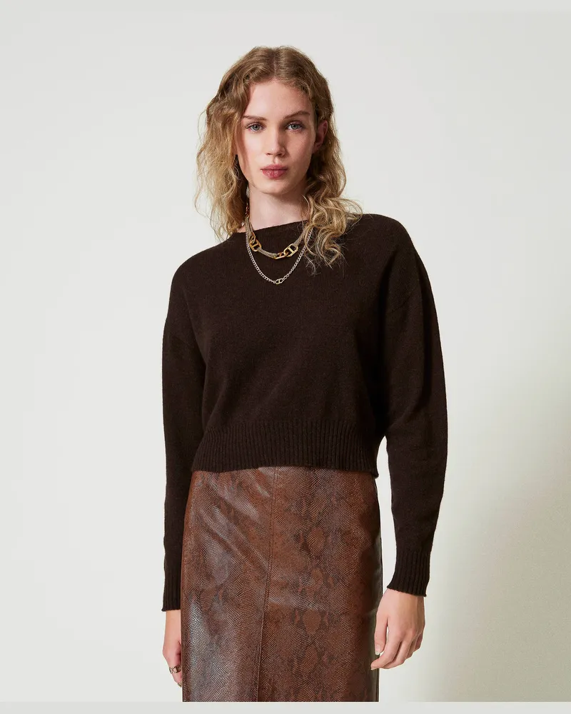 Twin-Set Rundhalspullover aus Cashmere, Kaffeeschokolade, Kaschmir, Größe: XXL 