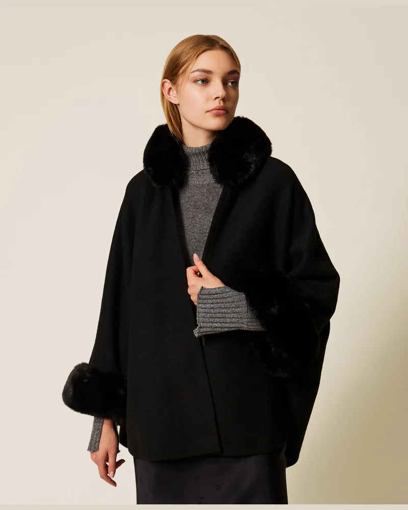 Twin-Set Jacken und Outerwear - Poncho aus Tuch und Kunstpelz, Schwarz, Einheitsgröße Schwarz