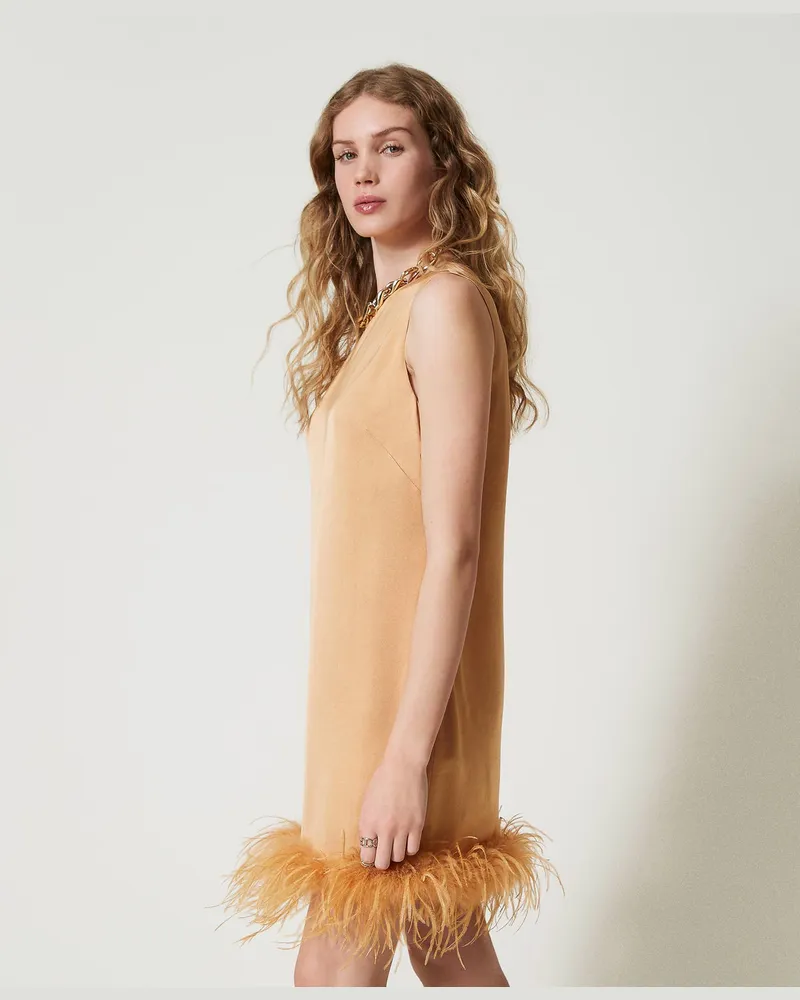 Twin-Set Kleider - Ärmelloses Minikleid aus Satin mit Federn, „Bubbly"-Orange, Größe „bubbly“-orange