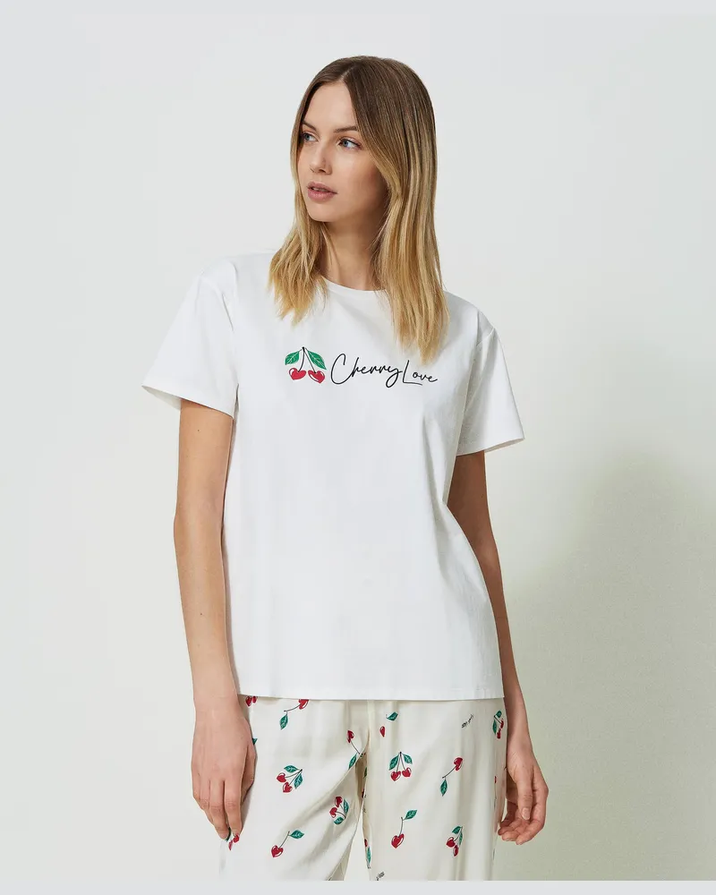 Twin-Set T-Shirts - T-Shirt mit Kirschprint, Print Cherry / Antique White, Baumwolle, Größe: S 
