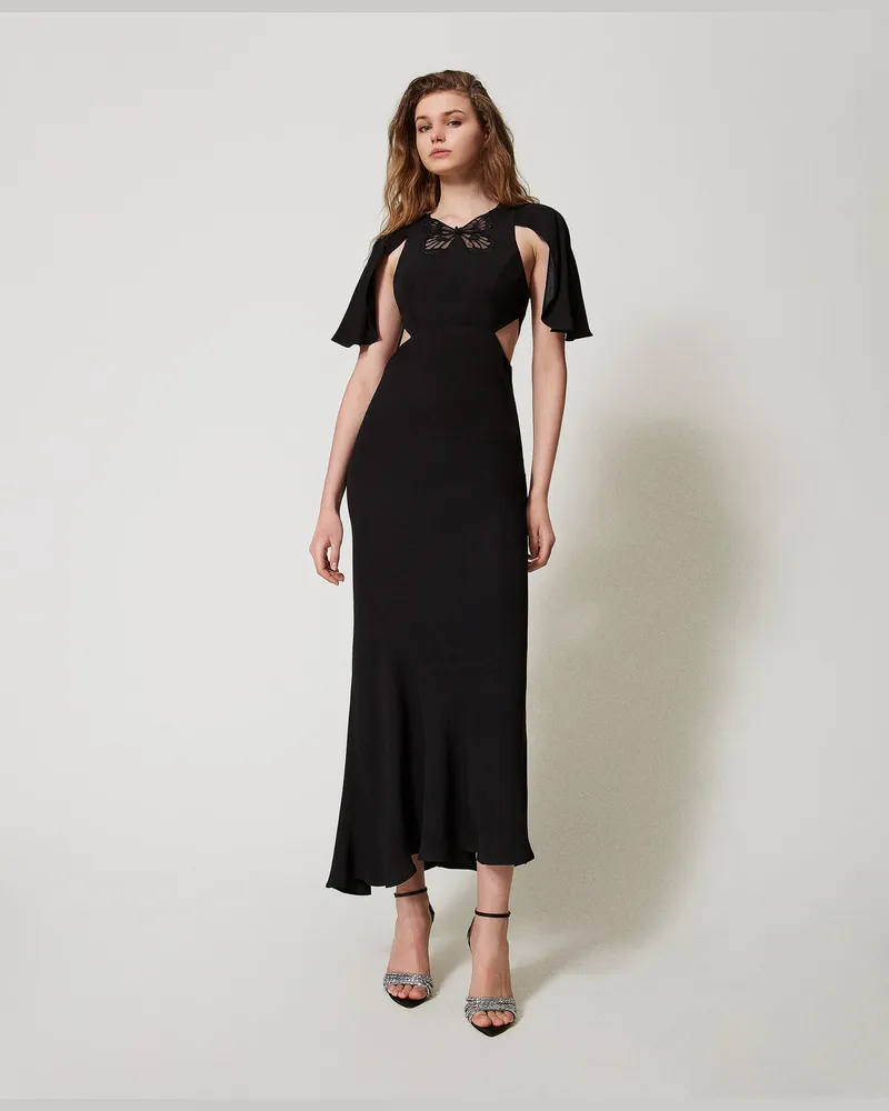 Twin-Set Kleider - Maxikleid mit Cut-outs und Stickschmetterling, Schwarz, Größe Schwarz