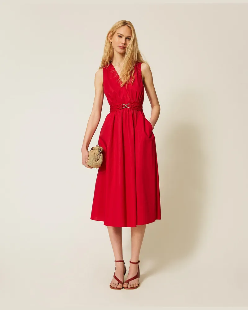 Twin-Set Kleider - Midikleid aus Popeline mit Logo-Gürtel, "Lipstick Red" Rot, Baumwolle, Größe Lipstick