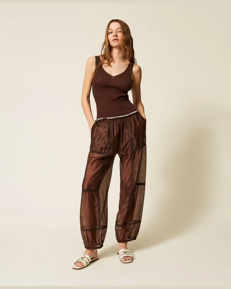 Twin-Set Tops - Top mit Volant, Coffee Liqueur, Baumwolle, Größe Coffee