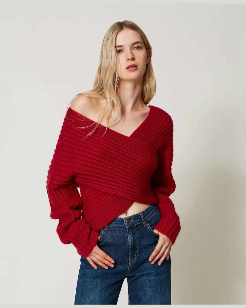 Twin-Set 2-in-1-Pullover aus Mohairmischung, Venedigrot, Größe: X/2XL 