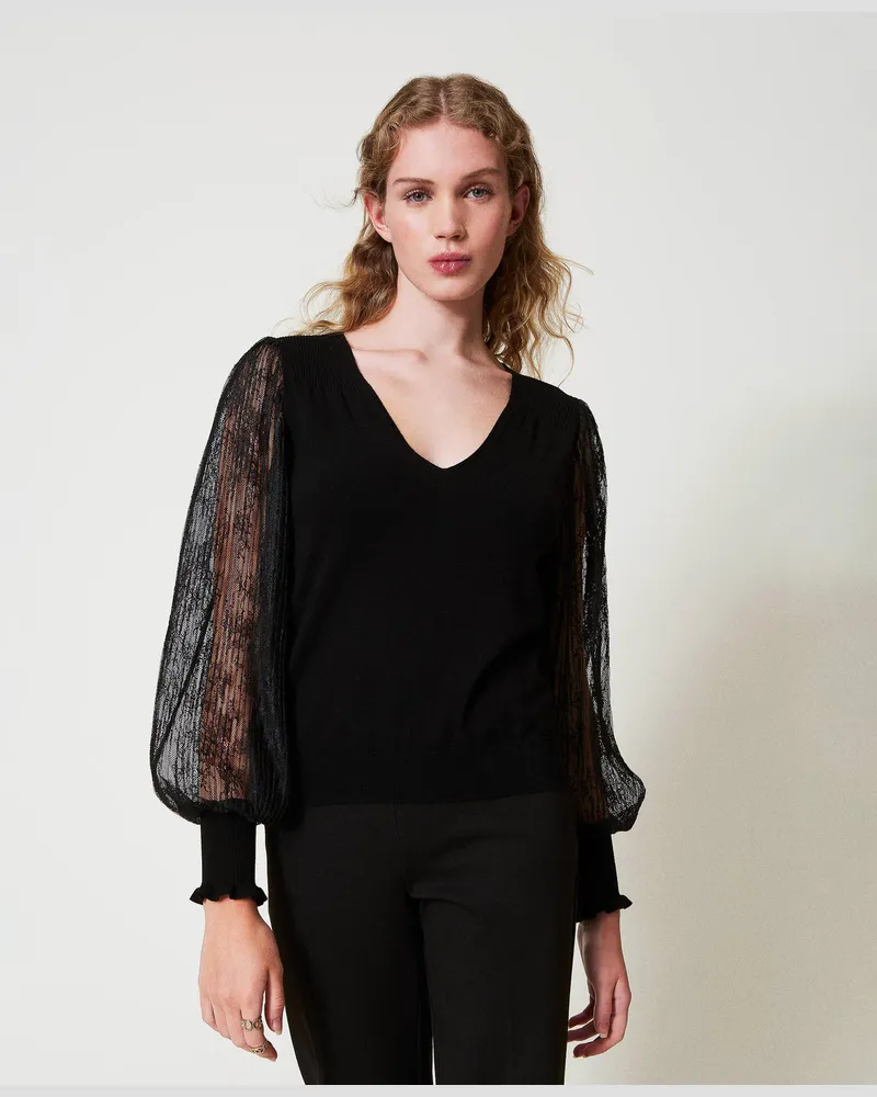 Twin-Set 2-in-1-Pullover mit Ärmeln aus Spitze, Schwarz, Größe: XS 