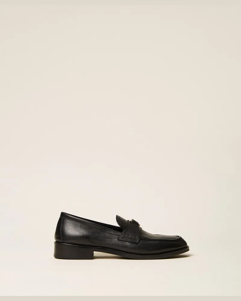 Twin-Set Ledermokassin mit Logo, Damen, Schwarz Schwarz