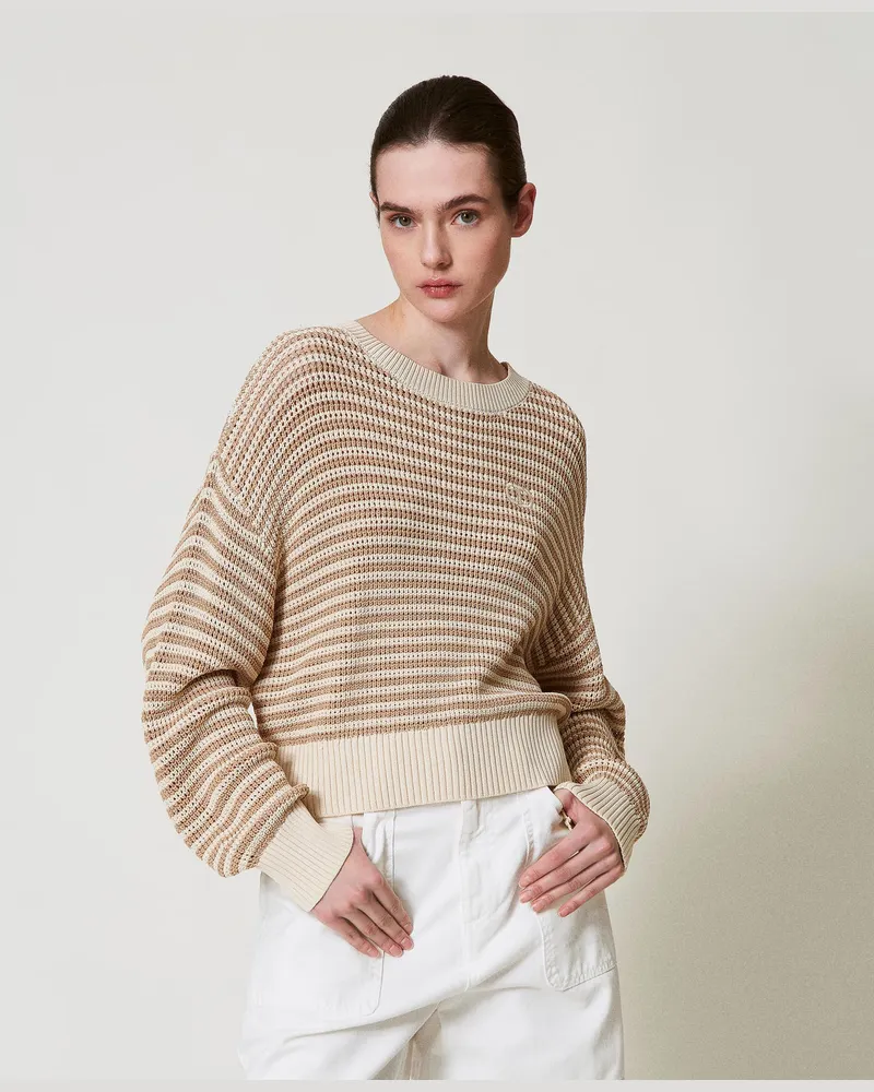 Twin-Set Gestreifter Pullover mit aufgesticktem Oval T, Zweifarbig "Rope"-Beige / Delicate Beige, Größe: XXL 