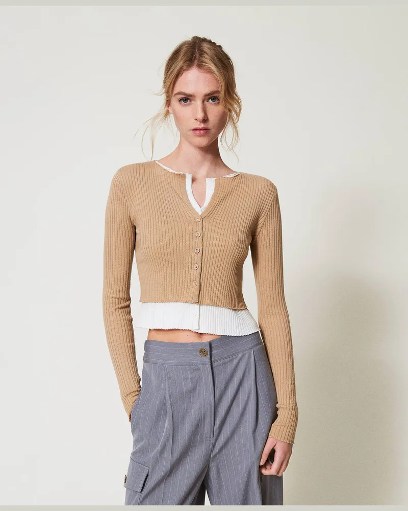 Twin-Set Cardigans - Figurbetonter Trompe-l'Œil-Cardigan, Zweifarbig "Rope"-Beige / Schneeweiß, Baumwolle, Größe: XXL 