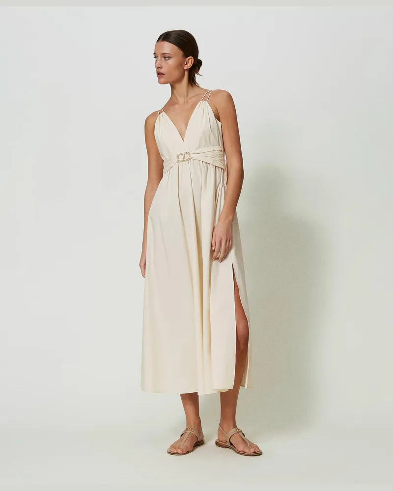 Twin-Set Kleider - Maxikleid aus Popeline mit Oval T und Schnüren, „Parchment"-Beige, Baumwolle, Größe „parchment“-beige