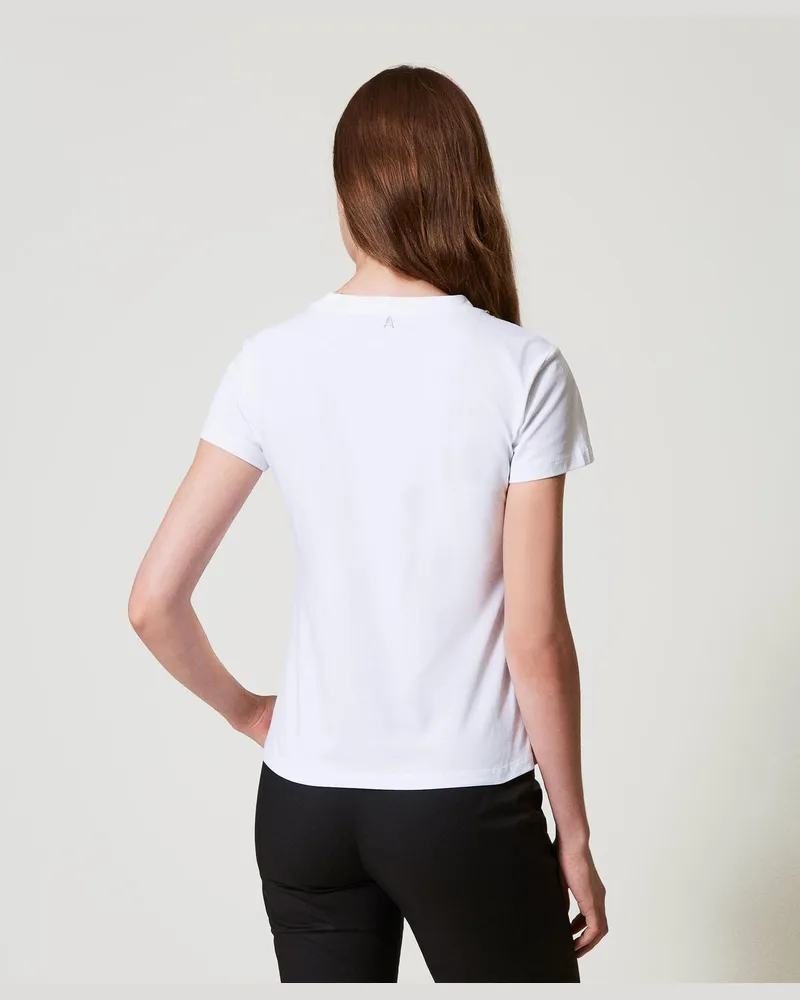 Actitude by Twinset T-Shirts - T-Shirt mit Handstickerei und Logo, "Papers"-Weiß, Baumwolle, Größe Papers-weiß
