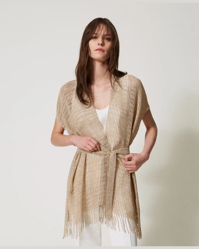 Twin-Set Cardigans - Kurzer Kaftan aus Netzstoff und Lurex mit Fransen, Helles „Ginger Root"-Beige, Einheitsgröße 