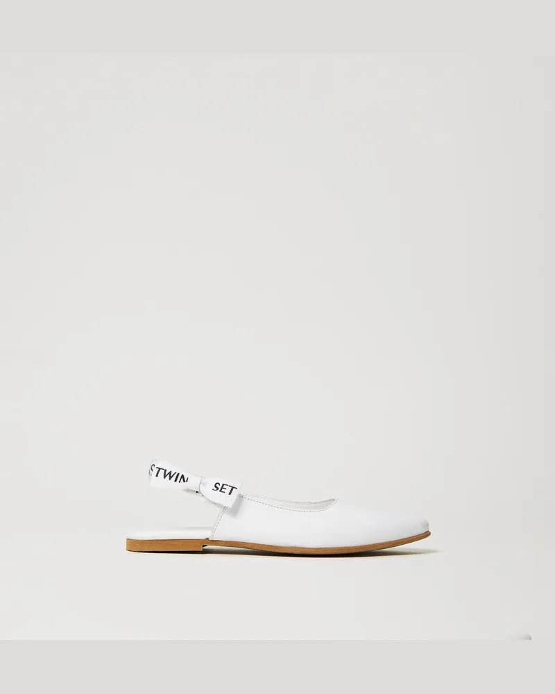 Twin-Set Schuhe - Slingback-Ballerina aus Leder mit Logo, Lucent White, Größe Lucent