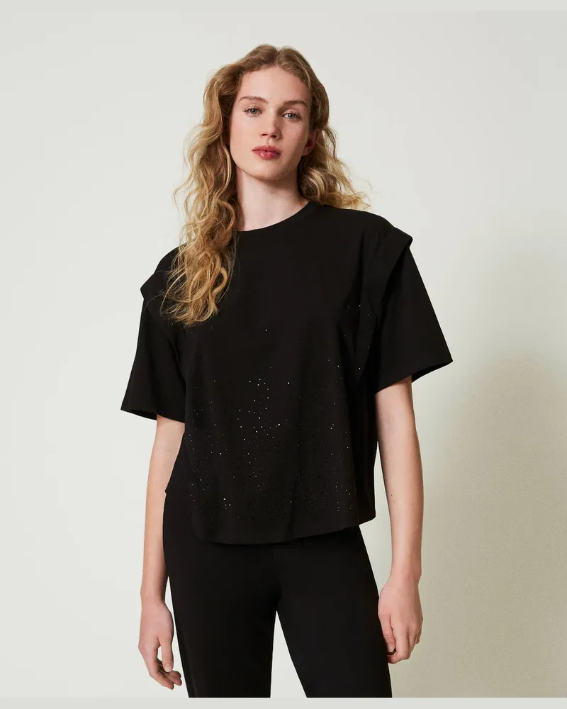 Twin-Set T-Shirts - T-Shirt mit Strass im Dégradé, Schwarz, Größe: L 