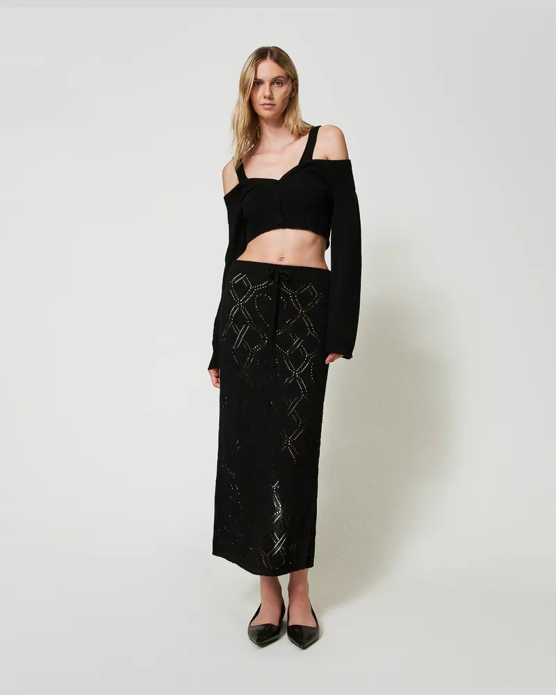 Twin-Set Röcke - Nahtlose Maxirock aus Treeblend-Garn, Schwarz, Wolle, Größe: XXL 