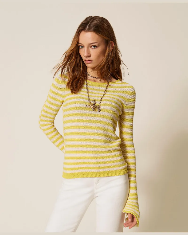 Twin-Set Nahtloser Pullover mit Rundhalsausschnitt und zweifarbigen Streifen, Streifen „Parchment"-Beige/„Limeade"-Gelb, Gestreift, Größe Streifen