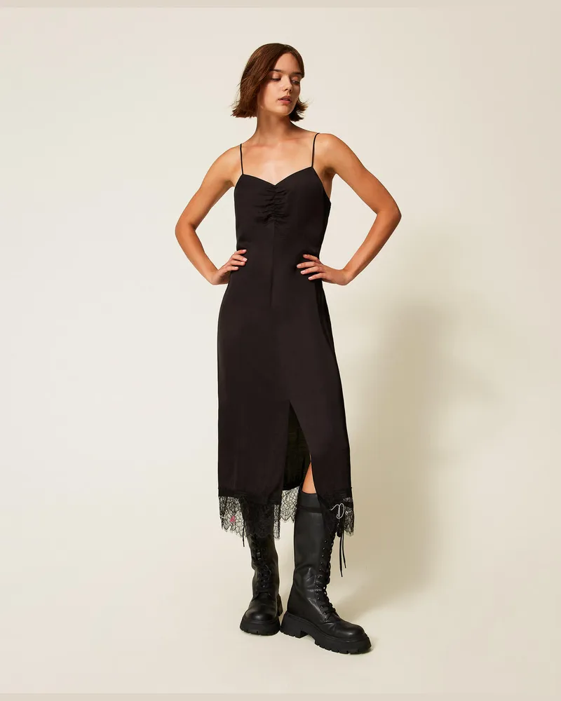 Actitude by Twinset Kleider - Midi-Kleid MYFO mit Spitze und Stickereien, Schwarz, Satin, Größe Schwarz