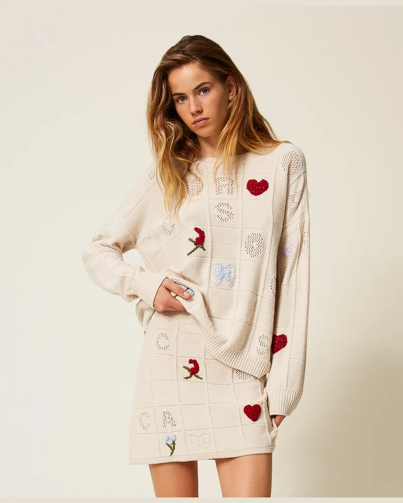 Twin-Set Maxipullover aus Treeblend-Garn mit Stickereien, Chantily, Wolle, Größe Chantily