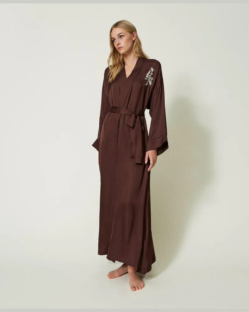 Twin-Set Unterwäsche - Langer Morgenmantel aus Satin mit Stickerei, „Coffee Bean"-Braun, Größe: S 
