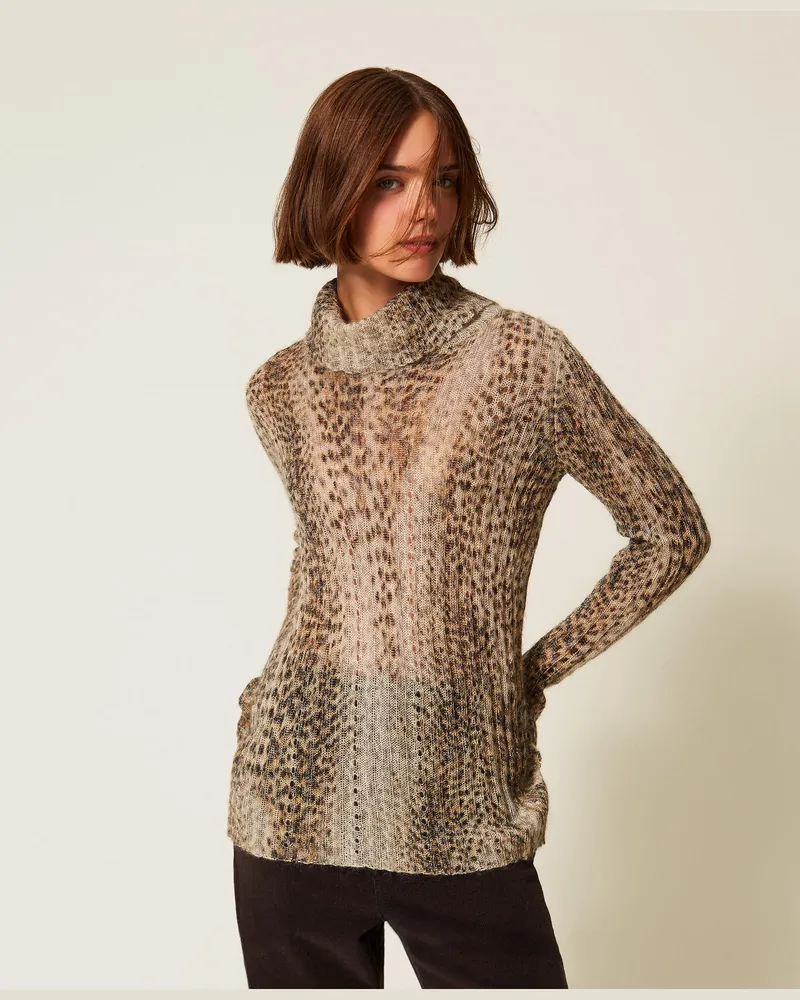 Twin-Set Pullover aus Mohairmischung mit Print, Animalprint Brown, Kariert, Größe: XXL 