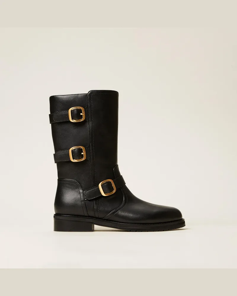 Twin-Set Schuhe - Bikerstiefel mit Schnallen, Schwarz, Größe Schwarz