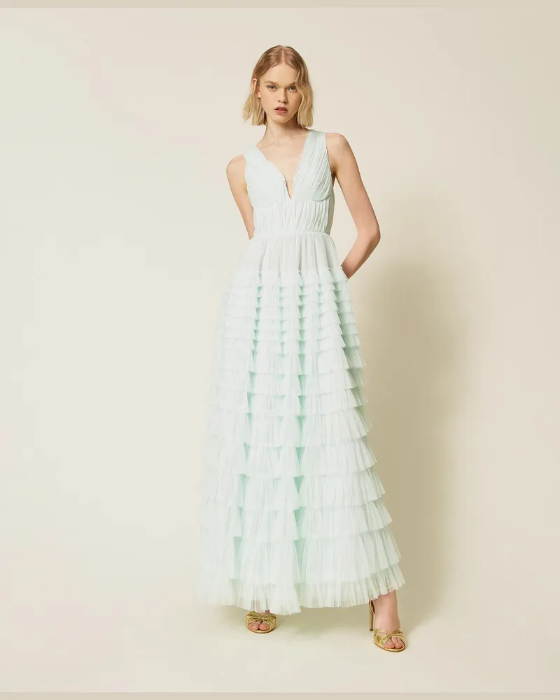 Twin-Set Kleider - Maxikleid aus plissiertem Tüll, "Aqua"-Hellblau, Größe Aqua-hellblau