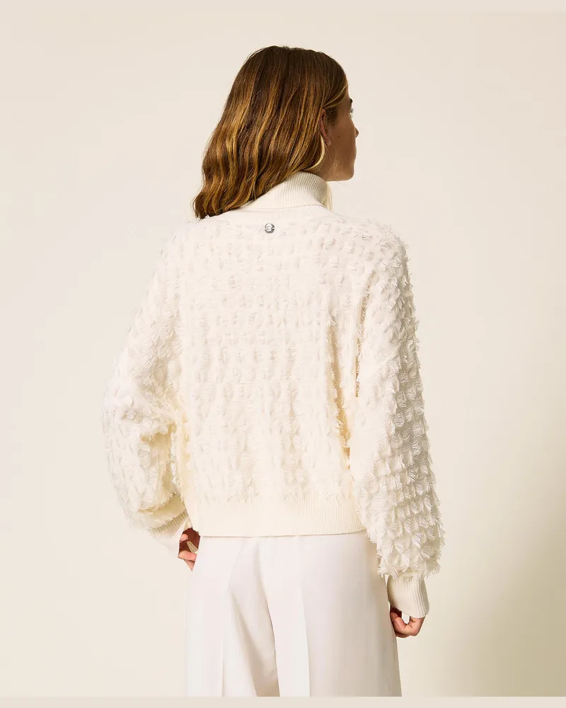 Actitude by Twinset Stehkragenpullover mit Fransen, Weiß Schnee, Größe Weiß