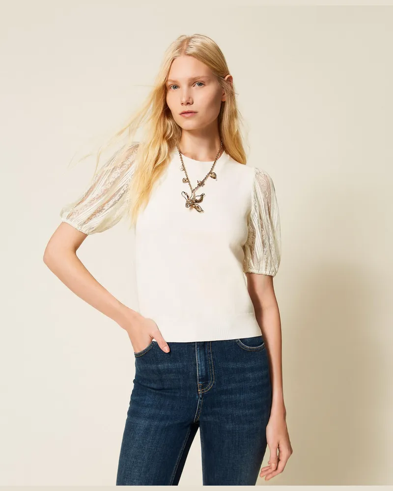 Twin-Set Pullover mit kurzen Ärmeln aus Spitze, Perlmutt, Größe Perlmutt