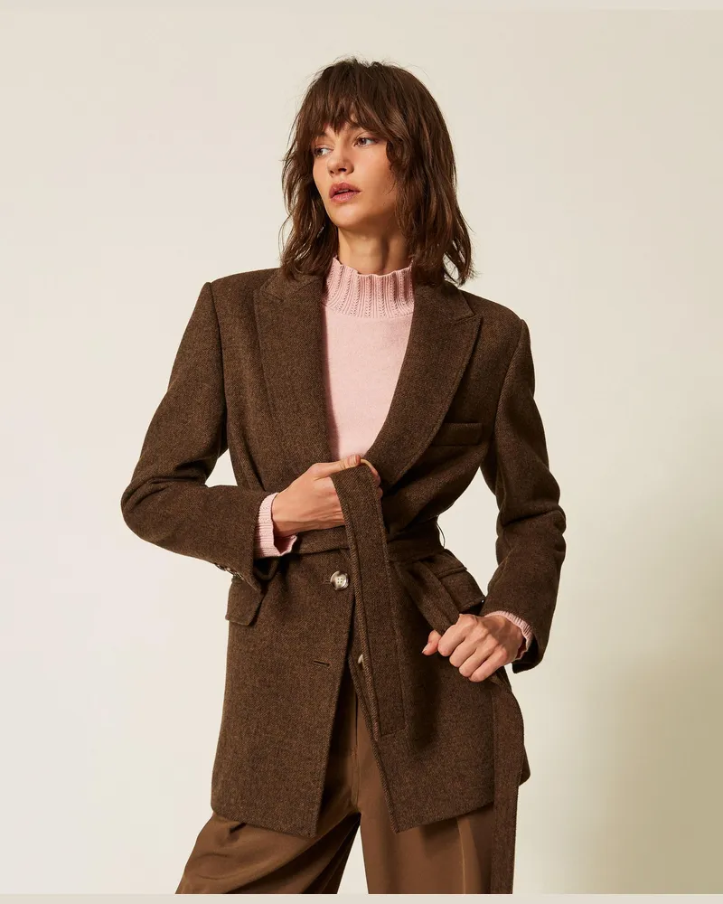 Twin-Set Blazer aus Velourstuch, Damen, Mocha Melange Mocha