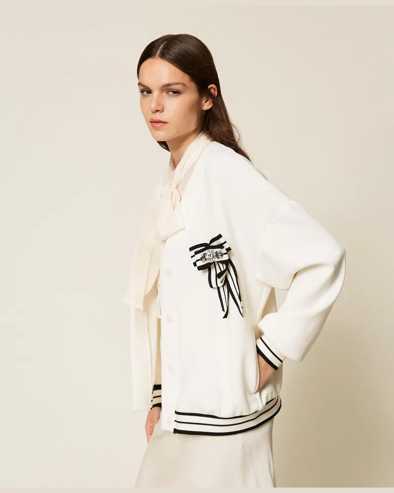 Twin-Set Cardigans - Cardigan aus Scuba-Gewebe mit Schmuckbrosche, Mattweiß, Größe Mattweiß