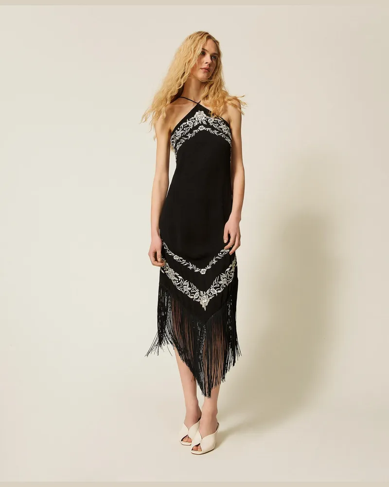 Twin-Set Kleider - Langes Kleid mit floraler Stickerei, Zweifarbig Schwarz / Perlmuttweiß, Größe Zweifarbig