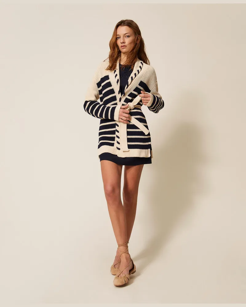 Twin-Set Cardigans - Strick-Cardigan im Streifen-Dessin, Streifen Elfenbein/Nachtblau Hell, Gestreift, Größe Streifen