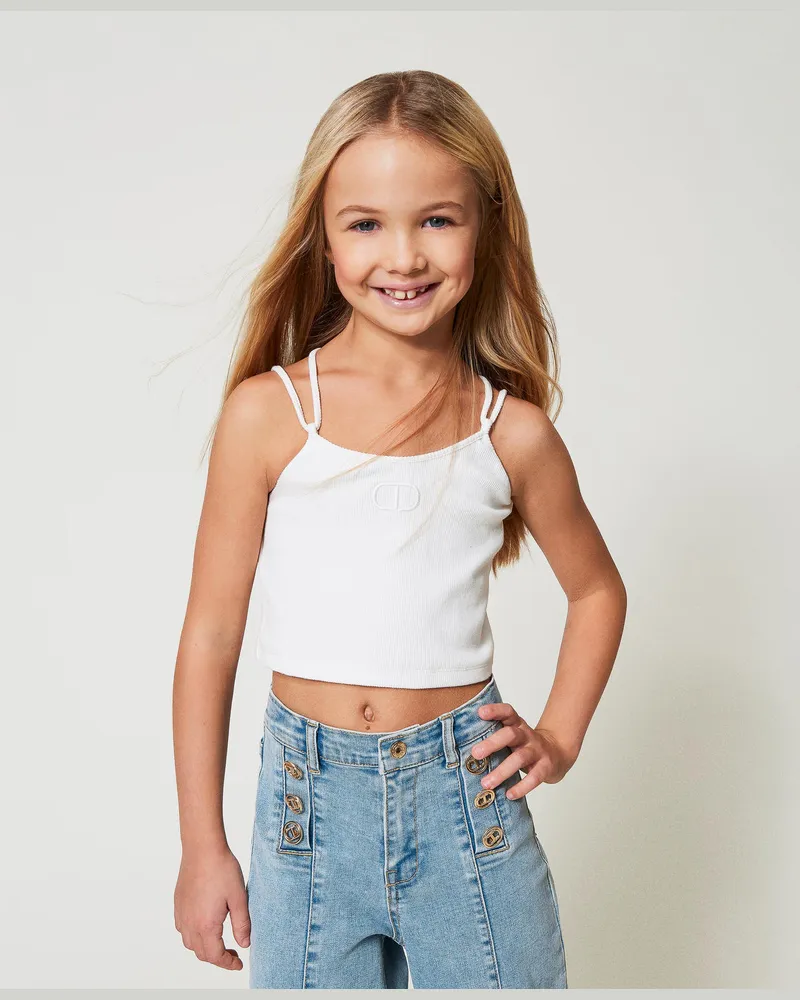 Twin-Set Tops - Geripptes Top mit Stickerei, "Ice"-Weiß, Baumwolle, Größe: 8A 
