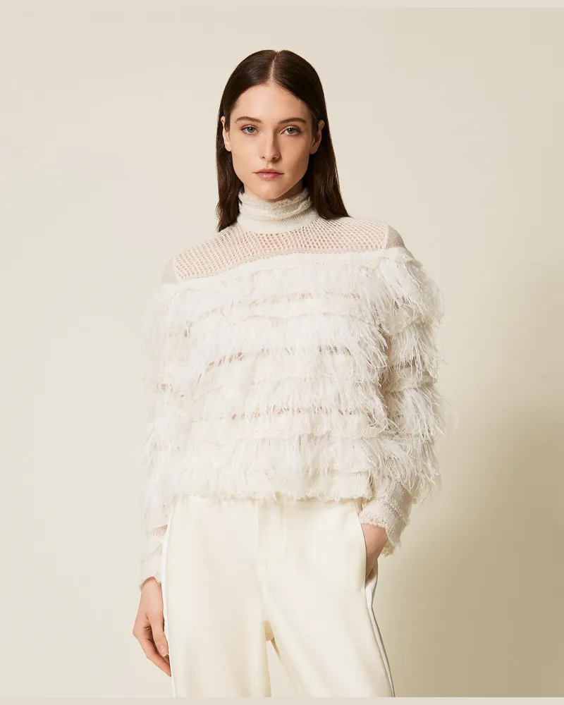 Twin-Set Pullover mit Volant und Federn, Weiß Schnee, Mit Federn, Größe Weiß